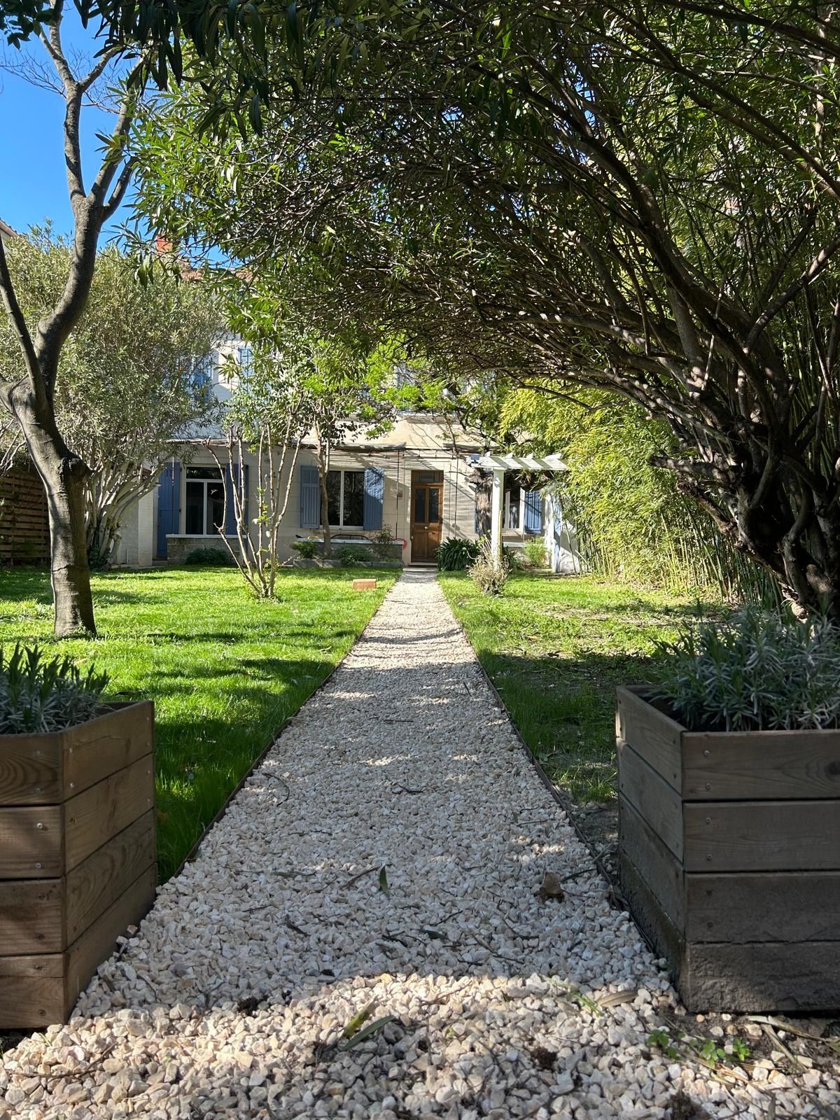 Allée de gravier bordée d'arbres menant à la maison au fond du jardin arboré